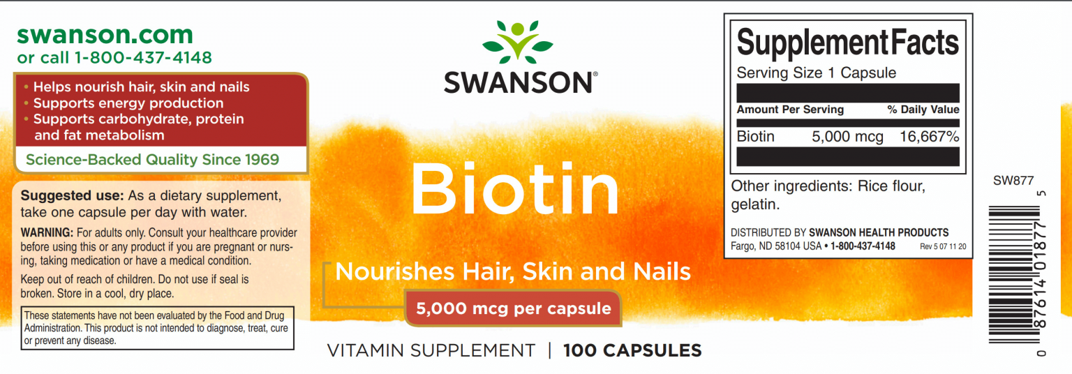 Swanson Biotin kapszula 5000 mcg / 100 db