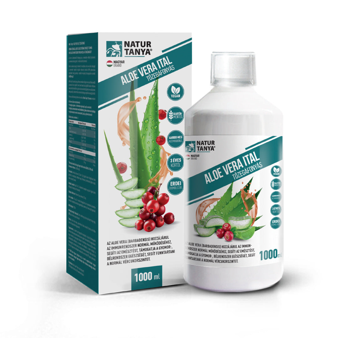 Natur Tanya® S. 100%-os Aloe vera ital, tőzegáfonyával és erdei gyümölccsel, literenként 8000 mg poliszacharid tartalommal 1000 ml
