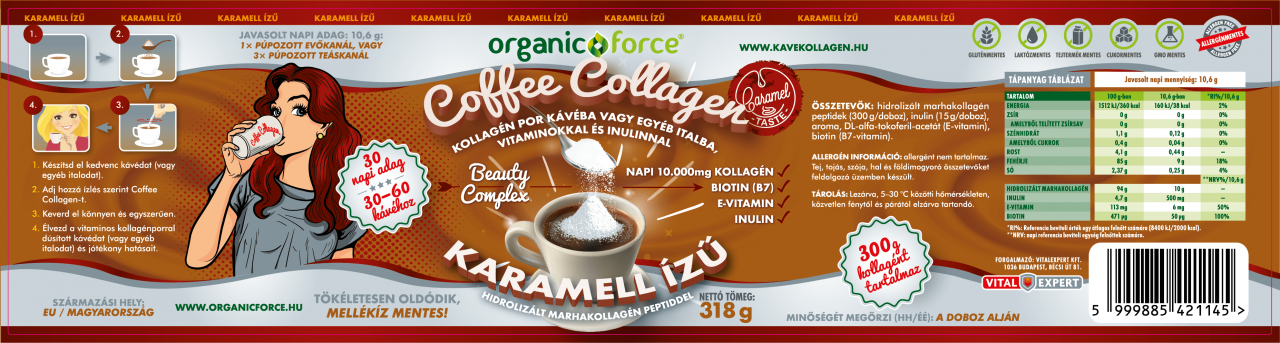 Coffee Collagen – Kávékollagén (Karamell ízű), Kollagén por kávéba vagy egyéb italba vitaminokkal és inulinnal 318g