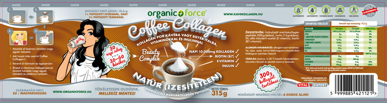 Coffee Collagen – Kávékollagén (Natúr), Kollagén por kávéba vagy egyéb italba vitaminokkal és inulinnal 315g