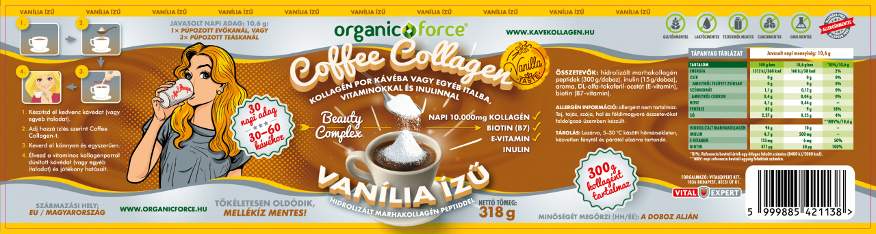 Coffee Collagen – Kávékollagén (Vanília ízű), Kollagén por kávéba vagy egyéb italba vitaminokkal és inulinnal 318g