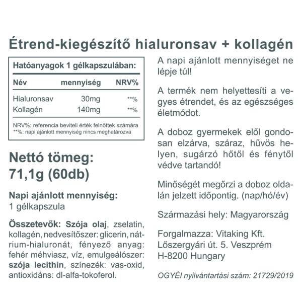 Vitaking Hialuronsav + kollagén komplex gélkapszula – 60db