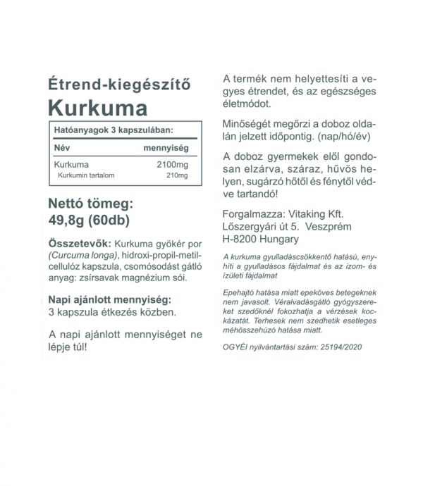 Vitaking Turmeric Kurkuma Kapszula 700mg