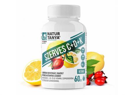 Natur Tanya® SZERVES C+D+K - Retard 1000mg C-vitamin, 2000IU D3-vitamin, 30 µg természetes natto fermentációjából származó K2-vitamin, csipkebogyó kivonat és citrus bioflavonoidok 60db