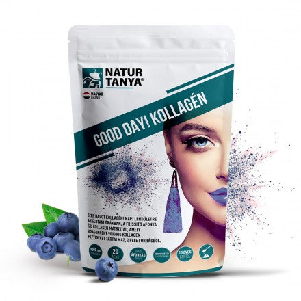 Natur Tanya® GOOD DAY! Kollagén por frissítő áfonya ízben - hal és marha kollagén peptidek, biotin, C-vitamin és cink-biszglicinát 20adag