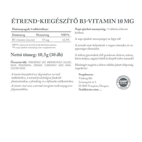Vitaking Niacin (B3 vitamin) 10mg 30db