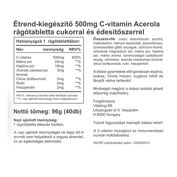 Vitaking Acerola C-500 málnás ( 40db )