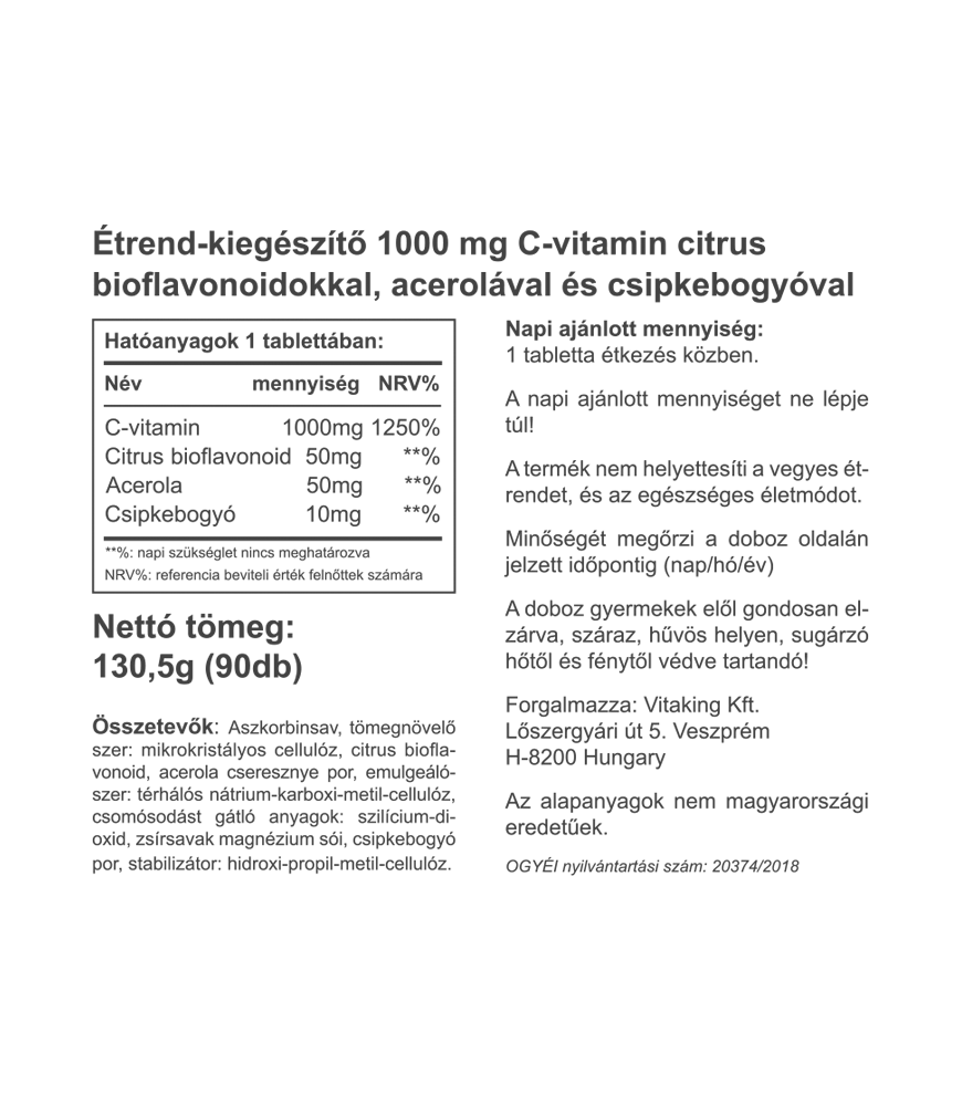 Vitaking C-vitamin 1000mg Bioflavin+Acerola+Csipkebogyó Tabletta 90db