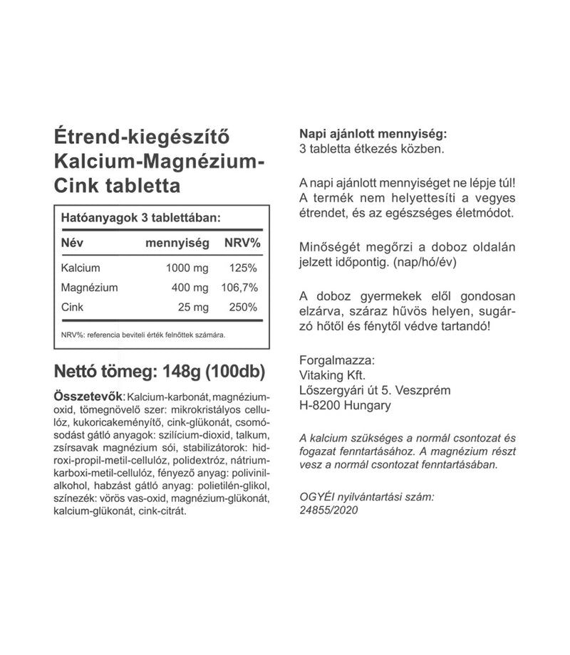 Vitaking kalcium-magnézium-cink tabletta - 100 db