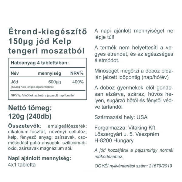 Vitaking Jód (IODINE) tabletta – 240db