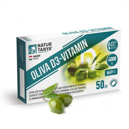 Natur Tanya® OLIVA D3-vitamin. 4000 NE Quali®-D aktív D3-vitamin természetes extra szűz olívaolajban oldva. 50 db