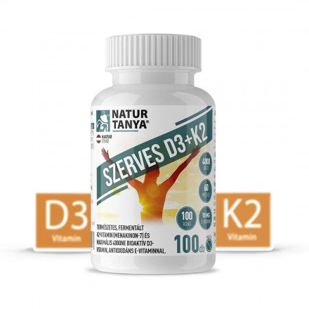 Natur Tanya® Szerves D3 és K2-vitamin. Természetes, fermentált K2-vitamin (menakinon-7) és maximális 4000 NE bioaktív D3-vitamin, antioxidáns E-vitaminnal 100db